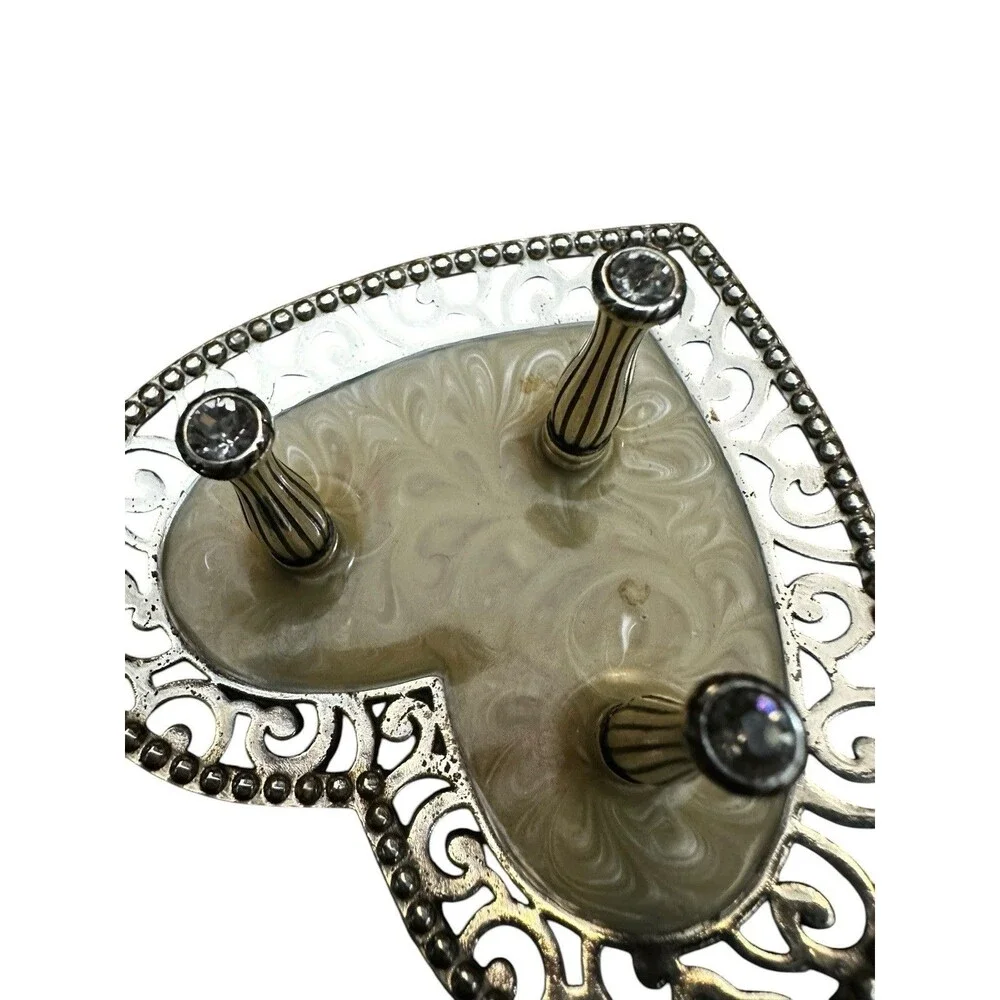 Brighton Lacie Daisy Heart Silver , Crystal & Enamel 3 Place Ring Holder